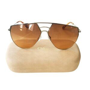 Chloe Gold and Brown Aviator Sunglasses with Suede Case